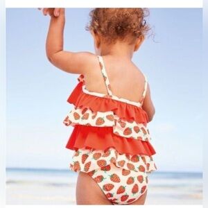 Baby Boden Colorful Strawberry Print Ruffle One Piece Swimsuit Sz 6-12 months